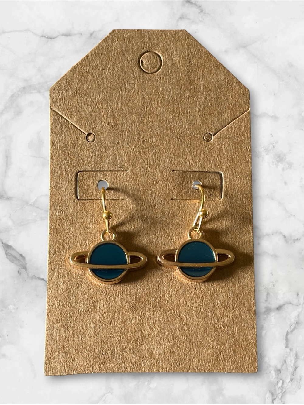 Gold Saturn Planet Drop Earrings - Teal Center